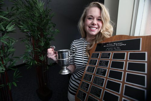 Christina Thanisch-Smith smiles  after  receiving  1st place   WH Anderson Memorial Trophy  for Vocalists 16 years and under at Churchill United Church during the Winnipeg Music Festival Saturday.  March 08, 2014 Ruth Bonneville / Winnipeg Free Press