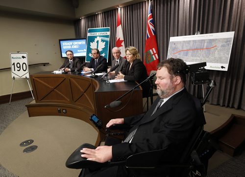 Proposed Headingley By-Pass released as extension of CentrePort Canada Way with Transportation RtoL Steven Fletcher , Diane Gray CEO of CentrePort  Canada Minister Steve Ashton , , Terry Mager Pres and CEO of CAA Mb. Mar. 10 2014 / KEN GIGLIOTTI / WINNIPEG FREE PRESS