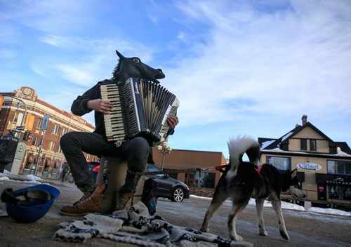 A busker named Blaine, beside his dog Ranger, plays an accordion while wearing a horse head outside the MLCC in Osborne Village Monday evening. 140310 - Monday, March 10, 2014 - (Melissa Tait / Winnipeg Free Press)