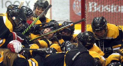 The Dakota Lancers Women's team celebrates their victory over Fort Richmond Collegiate in High School Hockey final action at the Ice Plex Thursday. See Paul Wiecek's story. March 13, 2014 - (Phil Hossack / Winnipeg Free Press)