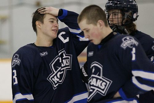 March 17, 2014 - 140317  -  River East Kodiaks Matt Allen (8) reacts after losing  4-1 to the St Paul's Crusaders in the AAAA Provincial High School Hockey Championship at St James Arena, March 17, 2014. John Woods / Winnipeg Free Press