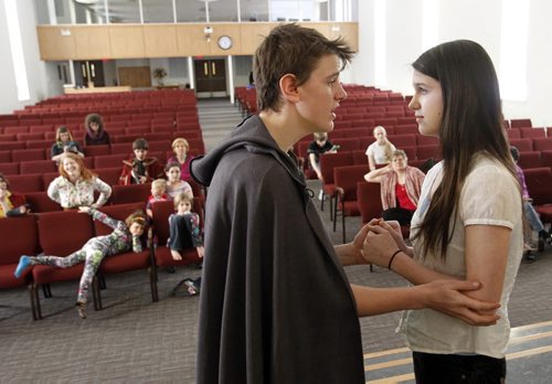 Home school students rehearse a scene from Shakespeare's Cymbeline they will be performing. Daniel McIntyre-Ridd and Maggie Gehman with students rehearse in the  Central Church of Christ.  Home school story by Nick Martin    Wayne Glowacki / Winnipeg Free Press March 18   2014