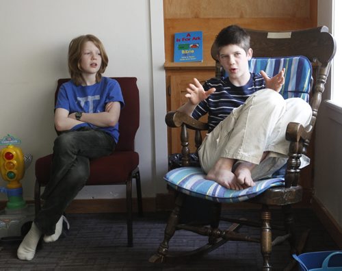 Home school students  Timothy (left) and brother  Joshua Gehman.  The students take a break while working on their production of Shakespeare's Cymbeline they will be performing.     Home school story by Nick Martin.      Wayne Glowacki / Winnipeg Free Press March 18   2014