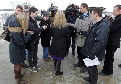 Canadian Heritage and Official Languages Minister Shelly Glover addresses the media at the Floodway inlet control structure.  Completion of the Red River Floodway expansion project came in under budget. BORIS MINKEVICH / WINNIPEG FREE PRESS  March 18, 2014
