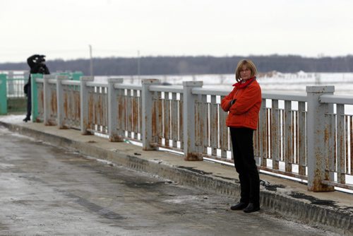 Brandon Mayor Shari Decter Hirst at the press conference. Completion of the Red River Floodway expansion project came in under budget. BORIS MINKEVICH / WINNIPEG FREE PRESS  March 18, 2014