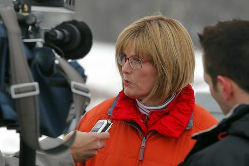 Brandon Mayor Shari Decter Hirst at the press conference. Completion of the Red River Floodway expansion project came in under budget. BORIS MINKEVICH / WINNIPEG FREE PRESS  March 18, 2014
