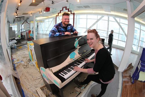 The Piano Project Chloe Chafe and Patrick Skene, Visual Artists  at Studio 393. located int the overhead walkway between The Bay and Portage Place,  displays the Juno Themed piano that Chloe Cafe painted which will be one of the 7 pianos placed in a public space in downtown Winnipeg to be used and enjoyed at will by Winnipegers.   See Story. March 18, 2014 Ruth Bonneville / Winnipeg Free Press