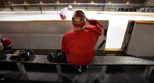 A bald spot show's through as Wayne Visnaugh (67) sports a 40 year old hockey helmet, (one of the first of it's kind) at an afternoon scrimmage. See story. March 4, 2014 - (Phil Hossack / Winnipeg Free Press)