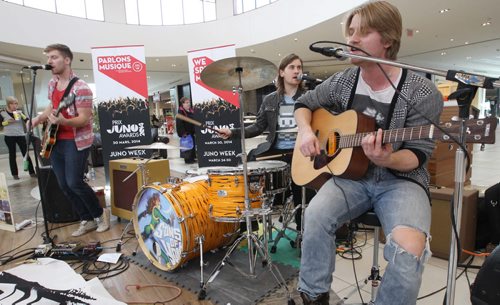 During the weeks leading up to JUNO Week (March 24-30), Manitoba artists have been spreading the spirit of music in traditional and non-traditional locations throughout the city. Today at St Vital mall Random Act of JUNO will feature local band SONS OF YORK  L to R - Jake Kennerd, Cody Kennerd and Luke Kennerd- Standup photo- Mar 20, 2014   (JOE BRYKSA / WINNIPEG FREE PRESS)