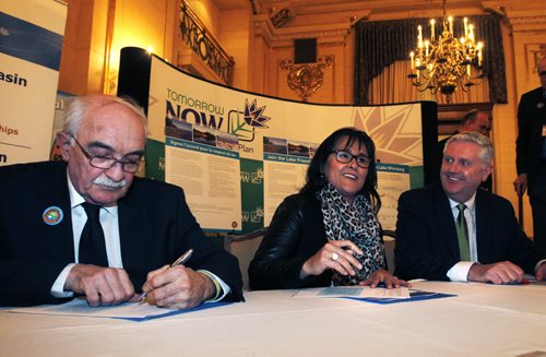 From left, Dunnottar Mayor Rick Gamble, chair, South Basin Mayors and Reeves, Environment Minister Leona Aglukkaq and Conservation and Water Stewardship Minister Gord Mackintosh at the official signing of the Lake Friendly Accord Friday at a ceremony in the Hotel Fort Garry. The goal is to co-ordinate efforts and promote leadership to reduce phosphorus and nitrogen loading and protect water quality in all waterways including Lake Winnipeg. see release      Wayne Glowacki / Winnipeg Free Press March 21   2014