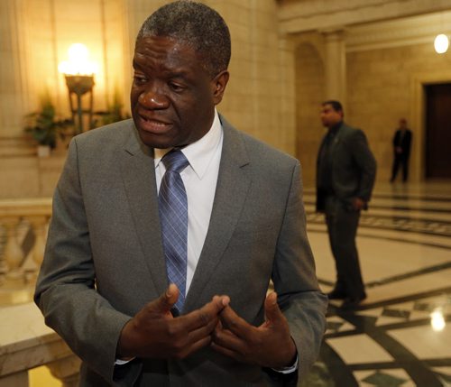 Dr Denis Mukwege ,in Wpg at the MB. Legislature surrounded by security ,  founder of the Panzi Hospital for women whoÄôve been brutalized by deadly conflict in Democratic Republic of Congo.  HeÄôs here for first time to fundraise for internationally renowned hospital that specializes in surgery for fistula caused by rape with weapons.  HeÄôs at public events this Wed at Graffiti Gallery and Pantages Thurs. A Wpg music producer has set up a music therapy program at the hospital in Congo.  -Carol Sanders | Reporter