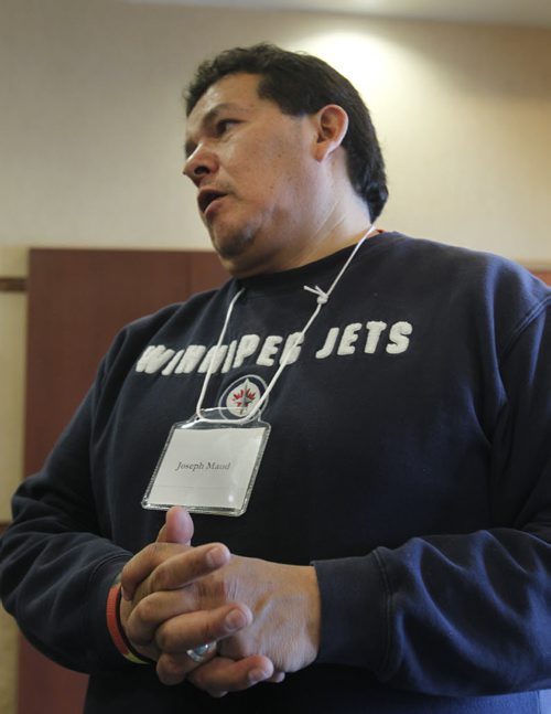 Joseph Maud is interviewed during a break of the Healing our Hidden Hurt, a two-day roundtable discussion to help start the healing for up to 20 Aboriginal adults and their families who were affected by the '60s scoop hosted by Aboriginal and Northern Affairs Minister Eric Robinson.  Alex Paul story.   Wayne Glowacki / Winnipeg Free Press March 24   2014