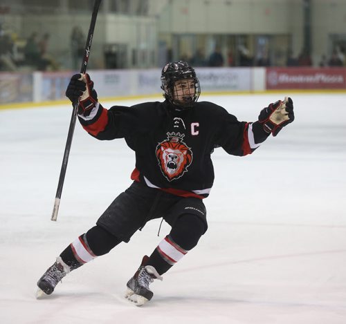 Winnipeg Monarch's Stelio Mattheo, celebrates after his team scored during the AAA Provincial Championships against the Parkland Rangers at MTS Iceplex, Saturday, March 22, 2014. (TREVOR HAGAN/WINNIPEG FREE PRESS)