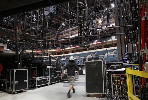 Crews are busy constructing the stage for the 13th Annual Juno awards held in Winnipeg this Sunday night at the MTS Centre  Production by numbers 2.4 million watts of power, 998,000 watts of lighting power , 400 LED video panels, 374,000 watts of audio power, 156 speakers, on a 2000 sq ft stage-    See Brad Oswald