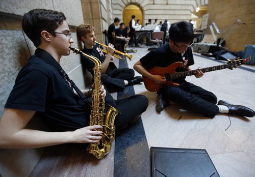 stdup  Juno Week at the Leg LtoR, Travis Jewsbury , Antoni Karp  and Marco Tam  all members of the Shaftesbury High School Grade 11/12 Jazz Band preapre to play . We speak music event WE SPEAK MUSIC Performance Series at the Legislative Building ,A noon hour concert of Manitoba school bands and choirs showcasing Canadian music and featuring compositions by JUNO nominated artists. Groups: Acadia Junior High Jazz Ensemble, Garden Valley Collegiate Grade 9 Band, , River East Collegiate Percussion Ensemble   during the noon hour concert that featured , Shaftesbury High School Grade 11/12 Jazz Band ,Time: 12:00 pm - 1:00 pm Location: Manitoba Legislative Building, Grand Staircase in the Main FoyerType: Free Public Event Mar. 25 2014 / KEN GIGLIOTTI / WINNIPEG FREE PRESS