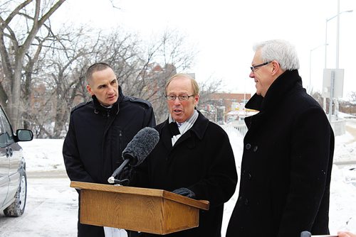 Canstar Community News (05/03/2014)- (From left) Kevin Chief, children and youth opportunities minister and minister responsible for the City of Winnipeg, Mayor of Winnipeg Sam Katz, and Premier of Manitoba Greg Selinger announce a $250-million investment in road renewal. (STEPHCROSIER/CANSTARNEWS)