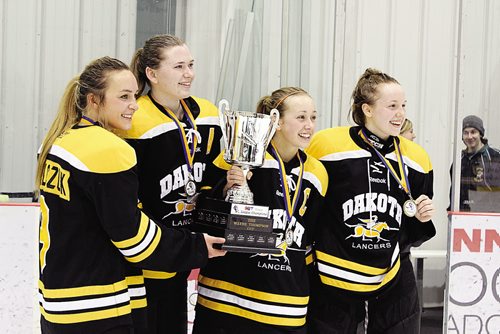 Canstar Community News (17/03/2014)- The Dakota Lancers defeated the Fort Richmond Centurions 2-0 in the WWHSH Division A Championships March 13, 2014. From Left: Mackenzie Kowalczuk, Trina Allard, Madison Stratton, and Ashten Vankoughnett.(STEPHCROSIER/CANSTARNEWS)