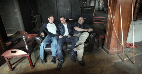 Left to right, Paul Delaquis, Evan GOld and James Kuly share an old couch in the bar at the Royal Alexander Hotel Thursday. See Gord Sinclair story. March 27, 2014 - (Phil Hossack / Winnipeg Free Press)