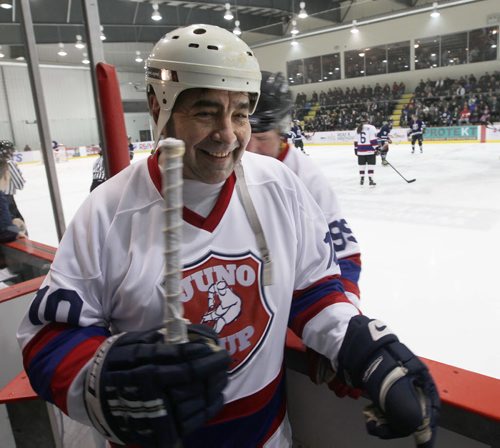 11 th annual Juno Cup at the MTS Iceplex The Rockers vs. NHL Greats  Wayne Babych of Team NHL Greats smiles as he heads  to the bench during play Friday night-   Juno Standup- Mar 28, 2014   (JOE BRYKSA / WINNIPEG FREE PRESS)