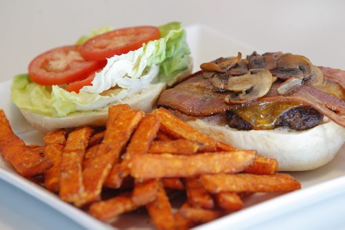 Marion Street Eatery. Burger and yam fries. BORIS MINKEVICH / WINNIPEG FREE PRESS  March 28, 2014