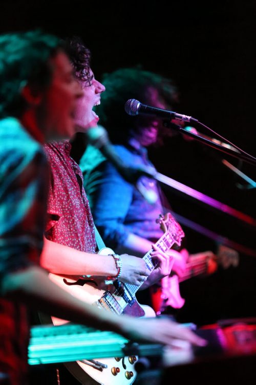 JUNO nominees, Born Ruffians, from left, keyboardist Andy Lloyd, lead singer Luke Lalonde, and bassist Mitch Derosier, during a JUNOfest performance at The Pyramid Cabaret in Winnipeg on Friday, March 28, 2014. (Photo by Crystal Schick/Winnipeg Free Press)
