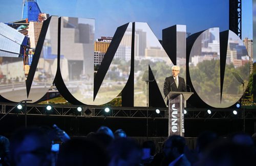 Premier Greg Selinger makes remarks at the Juno Gala at the Winnipeg Convention Centre, Saturday, March 29, 2014. (TREVOR HAGAN/WINNIPEG FREE PRESS)