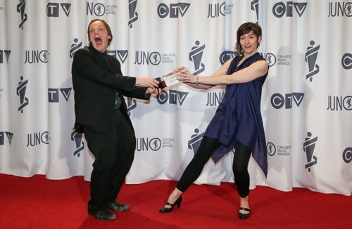 Mike Rud, left, win Vocal Jazz Album of the Year with Notes on Montreal ft. Sienna Dahlen, right, at the RBC Convention Centre in Winnipeg on Saturday, March 29, 2014. (Photo by Crystal Schick/Winnipeg Free Press)
