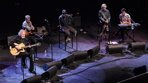 Randy Bachman (far left) hosts the JUNO Songwriters' Circle at the Burton Cummings Theatre Sunday afternoon.  (L-r) Matt Epp, Shad and members of July Talk, Leah Fay and Peter Dreimanis.  140330 March 30, 2014 Mike Deal / Winnipeg Free Press
