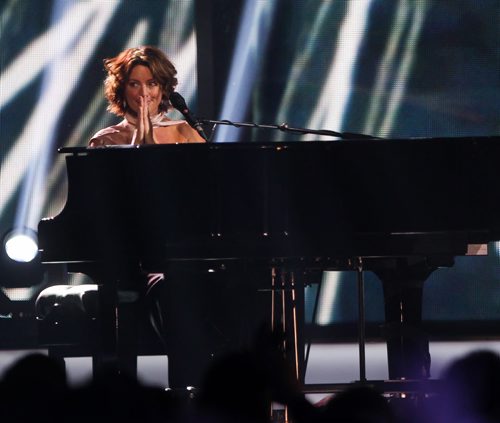 Sarah McLachlan reacts after her performance at 2014 Juno Awards. (Joe Bryksa/ Winnipeg Free Press)