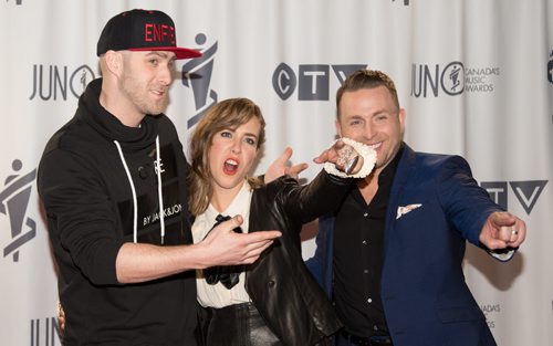 Co-hosts Classified, Serena Ryder, Johnny Reid at the 2014 JUNO awards at the MTS Centre in Winnipeg on Sunday, March 30, 2014. PUTMOREINFOHERE. (Photo by Crystal Schick/Winnipeg Free Press)