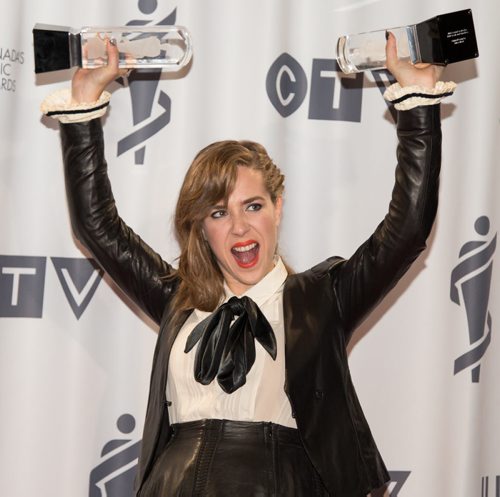 Serena Ryder with her two JUNOs, Songwriter of the Year and Artist of the Year, at the 2014 JUNOs at the MTS Centre in Winnipeg on Sunday, March 30, 2014. (Photo by Crystal Schick/Winnipeg Free Press)