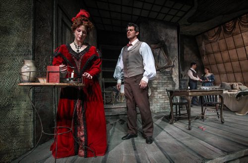 Lara Ciekiewicz as Musetta (left) and Keith Phares as Marcello (second from left) with Eric Fennell as Rodolfo and Danielle Pastin as Mimi (background) in the Manitoba Opera production of La Boheme which will be running April 5, 8 and 11th at the Centennial Concert Hall. 140401 - Tuesday, April 01, 2014 -  (MIKE DEAL / WINNIPEG FREE PRESS)