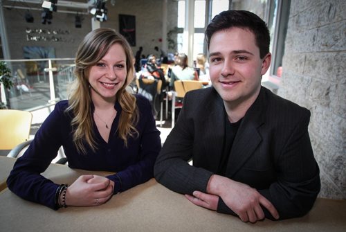 Melissa Therrien (left) and Matthew Hodgins are education students at Universite de Saint-Boniface who are grads of French immersion system and want to be French immersion teachers. 140401 - Tuesday, April 01, 2014 -  (MIKE DEAL / WINNIPEG FREE PRESS)