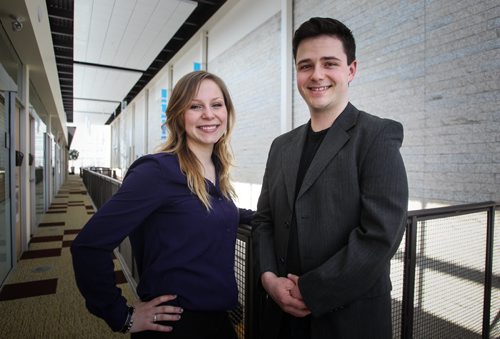 Melissa Therrien (left) and Matthew Hodgins are education students at Universite de Saint-Boniface who are grads of French immersion system and want to be French immersion teachers. 140401 - Tuesday, April 01, 2014 -  (MIKE DEAL / WINNIPEG FREE PRESS)