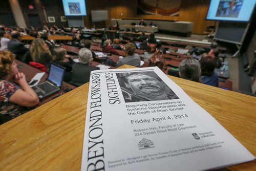 Students, professors and community come together for a lecture about systemic discrimination and the death of Brian Sinclair at the U of M in Winnipeg on Friday, April 4, 2014. (Photo by Crystal Schick/Winnipeg Free Press)