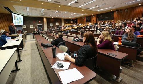 Students, professors and community come together for a lecture about systemic discrimination and the death of Brian Sinclair at the U of M in Winnipeg on Friday, April 4, 2014. (Photo by Crystal Schick/Winnipeg Free Press)