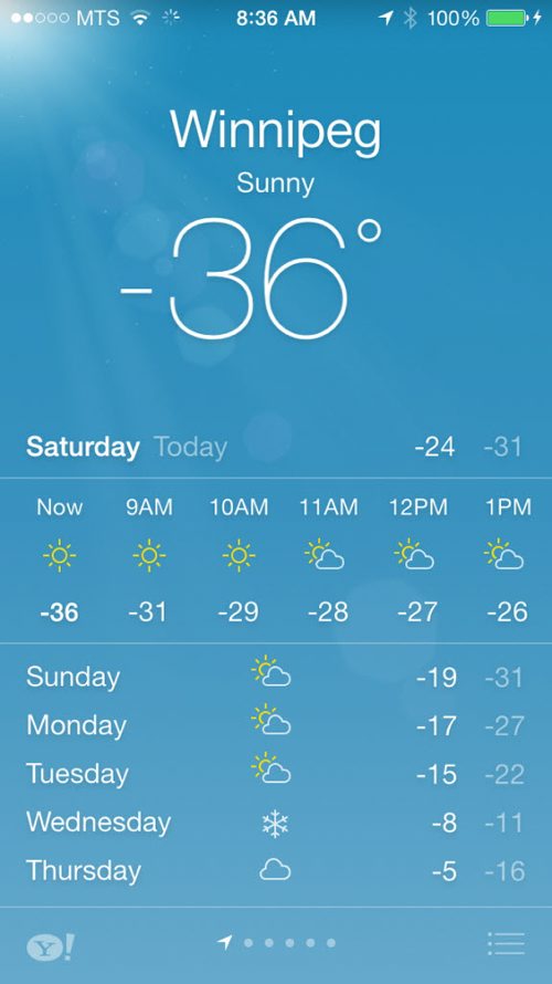 Winnipeg weather map from app on iphone on at 8:36am Saturday, March 1, 2014 reads:  Sunny - 36 degree Celcius with a windchill of -49 degree celcius and a high of -24 C. Ruth Bonneville/Winnipeg Free Press