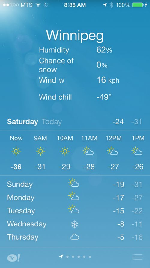 Winnipeg weather map from app on iphone on at 8:36am Saturday, March 1, 2014 reads:  Sunny - 36 degree Celcius with a windchill of -49 degree celcius and a high of -24 C. Ruth Bonneville/Winnipeg Free Press