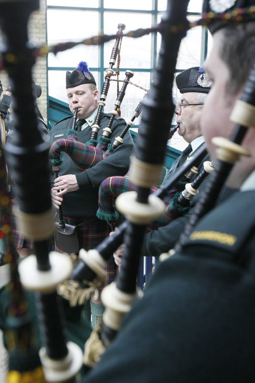 April 6, 2014 - 140406  -  (L to R) Colin Gluting, Sean Brown and John Dawson of the Queens Own Cameron Highlanders and about 100 people came together to celebrate the anniversary of the signing of the historic Scottish Declaration of Arbroath in 1320 at the Forks  in Winnipeg Sunday, April 6, 2014. There were performances by The Pipes and Drums of Manitoba, Manitoba Highland Dancers Association, Royal Scottish Country Dance Society, and the Southglen Fiddlers. John Woods / Winnipeg Free Press
