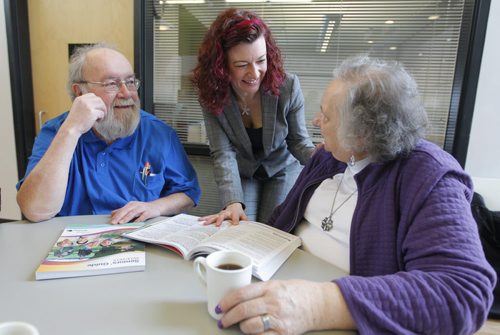 Healthy Living and Seniors Minister Sharon Blady, middle, Good Neighbours Active Living Centre board members Ron Wally, left, and Shirley Godfrey, right. Cafe, Good Neighbours Active Living Centre 720 Henderson Hwy. Official launch of the new Manitoba Seniors' Guide. BORIS MINKEVICH / WINNIPEG FREE PRESS April 7, 2014