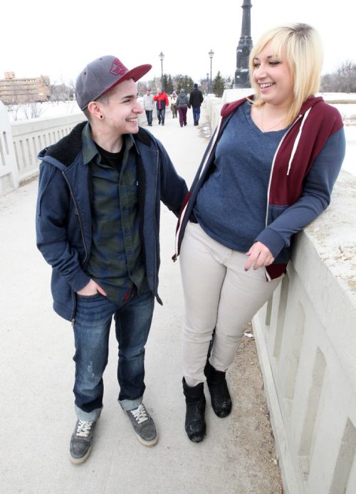 Jeremy Barbosa with his girlfriend Ashley Koop at Assiniboine Park- They met on Plety of Fish-feature on Life as a young, transgender person-    See Red River College CreCom story- Feb 07, 2014   (JOE BRYKSA / WINNIPEG FREE PRESS)