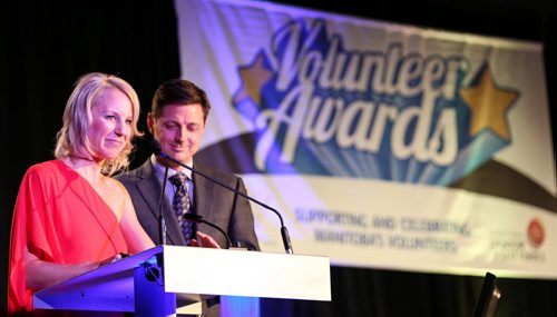 Weather specialist at Global Television, Michelle Lissel, left, and Peter Chura, Global Television news anchor, host at the 31st Annual Volunteer Awards at the RBC Convention Centre in Winnipeg on Wednesday, April 9, 2014. The awards are intended to celebrate incredible volunteer service by individuals, organizations, and businesses of Manitoba. (Photo by Crystal Schick/Winnipeg Free Press/Winnipeg Free Press)