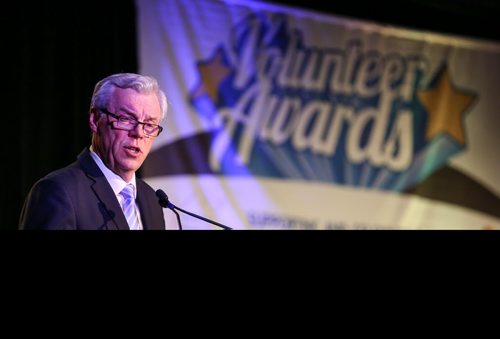 The Honourable Greg Selinger, premier of Manitoba, presents the Premier's Volunteer Service Award at the 31st Annual Volunteer Awards at the RBC Convention Centre in Winnipeg on Wednesday, April 9, 2014. The awards are intended to celebrate incredible volunteer service by individuals, organizations, and businesses of Manitoba. (Photo by Crystal Schick/Winnipeg Free Press/Winnipeg Free Press)