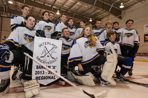 The Stonewall Blues hockey team receive their championship banner in Stonewall on Thursday, April 10, 2014. (Photo by Crystal Schick/Winnipeg Free Press/Winnipeg Free Press)