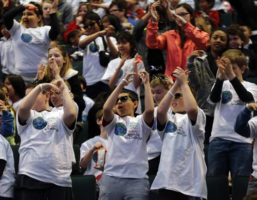 Stdup . Over 1400  elementary students teachers and volunteers  took part  in the Take Pride Winnipeg Team Up to Clean Up campaign at the MTS Centre Monday . The kids  to learned  more about Litter clean up and recycling .There was entertainment as well as environmental information for the kids . April 14 2014 / KEN GIGLIOTTI / WINNIPEG FREE PRESS