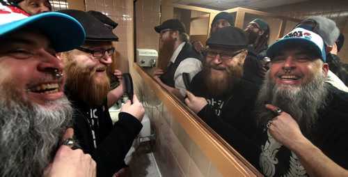 Members "primp" before an evening meeting of the Manitoba Facial Hair Club. See Dave Sanderson story. April 14, 2014 - (Phil Hossack / Winnipeg Free Press)