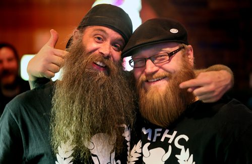 Don McPhail (left) and Nathan Terin show off contrasting styles of beard at an evening meeting of the Manitoba Facial Hair Club. See Dave Sanderson story. April 14, 2014 - (Phil Hossack / Winnipeg Free Press)