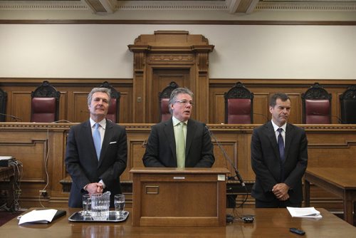The Manitoba Court of Appeal, the Manitoba Court of Queens Bench and the Manitoba Provincial Court are planning a pilot project that will include allowing the presence of cameras in a courtroom of each level of court during a court proceeding. Chief Justice Glenn Joyal (left), Chief Justice Richard Chartier (centre) and Chief Judge Ken Champagne (right) discuss the initiative during a press conference Tuesday morning in courtroom 330 of the Law Courts in Winnipeg, MB. 140415 - Tuesday, April 15, 2014 -  (MIKE DEAL / WINNIPEG FREE PRESS)