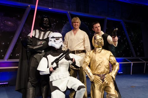 Christian actors take centre stage in preparation for "Rock Star Wars."  Clockwise from top left, Stephen Ashcroft (filing in for Jamie Wilson) as Darth Vader, Derek Zeilstra as "Luke Moonwalker", Tim Hamm as "Solo", Isaac Bueckert (audio technician for the performance) filing in as a Stormtrooper, and Graham Hunt as C-3PO.  The Star Wars themed Easter service is expected to attract between 5-6 thousand spectators this weekend to the Church of the Rock.  Each year the church takes a different pop culture story and adapts it to tell the story of the resurrection of Jesus Christ.  EMILY CUMMING / WINNIPEG FREE PRESS APRIL 15, 2014