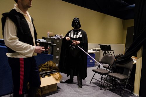 Stephen Ashcroft, dressed as Darth Vader, stands backstage at the Church of the Rock theatre.  Jamie Wilson will be playing Darth Vader in the production. The Star Wars themed Easter service is expected to attract between 5-6 thousand spectators this weekend to the Church.  Each year the church takes a different pop culture story and adapts it to tell the story of the resurrection of Jesus Christ.  EMILY CUMMING / WINNIPEG FREE PRESS APRIL 15, 2014
